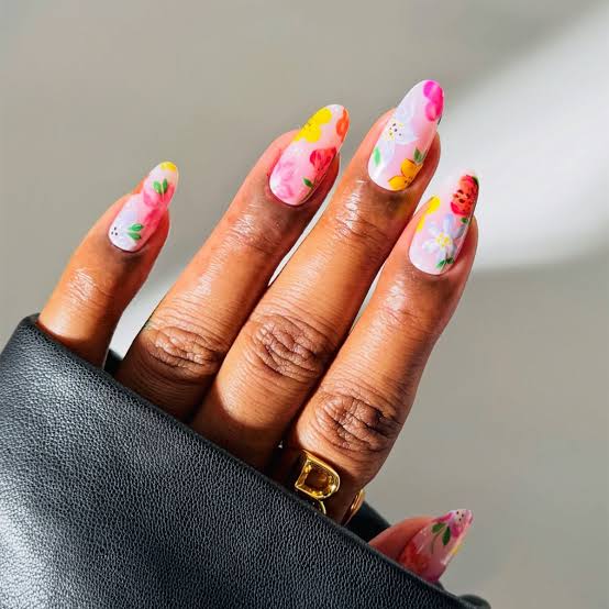 Medium Almond Nails With Vibrant Hand-Painted Florals — Cute Gel X Nails