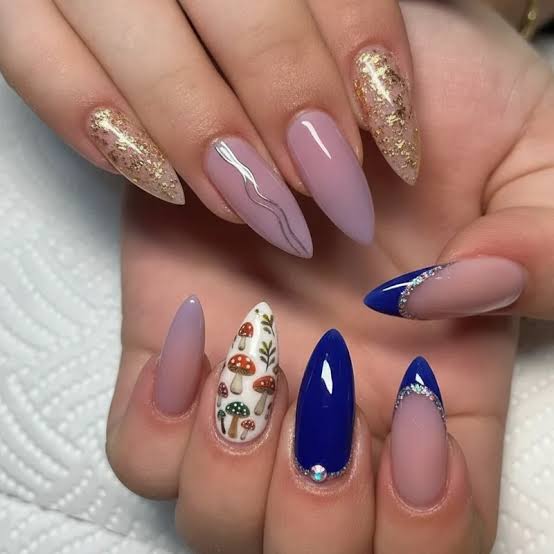 Long Almond Nails With Mixed Finishes and Mushroom Art — Cute Gel X Nails