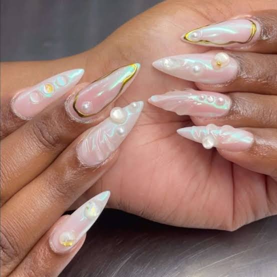 Long Stiletto Nails With 3D Pearls and Pearlescent Sheen — Cute Gel X Nails