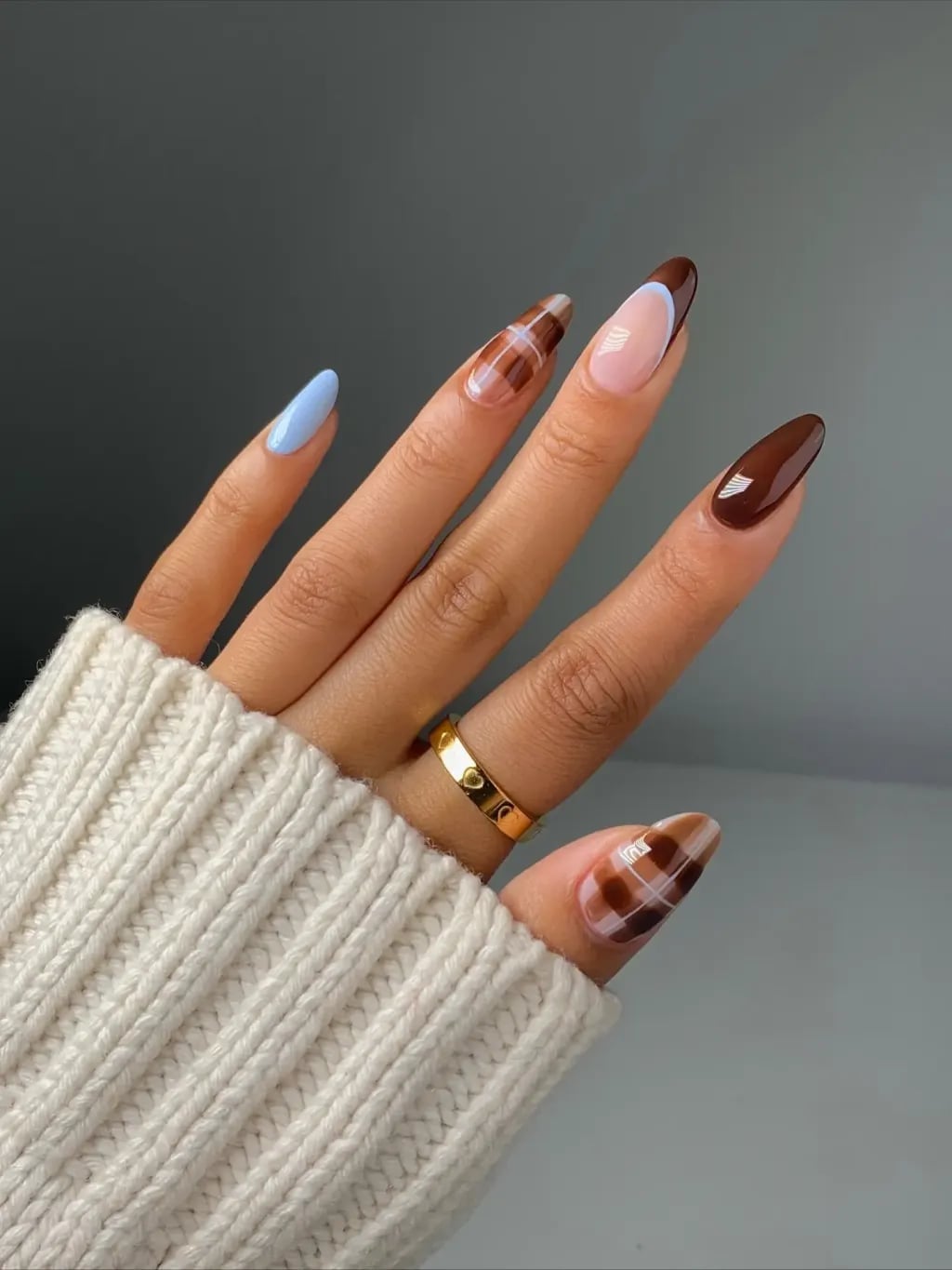 Medium Almond Nails With Plaid and French Tips — Cute Gel X Nails