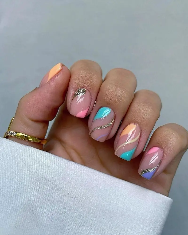 Pastel Abstract Wavy Lines Medium Square Glitter Pastel Abstract Wavy Lines Medium Square Glitter — Cute Medium Nails