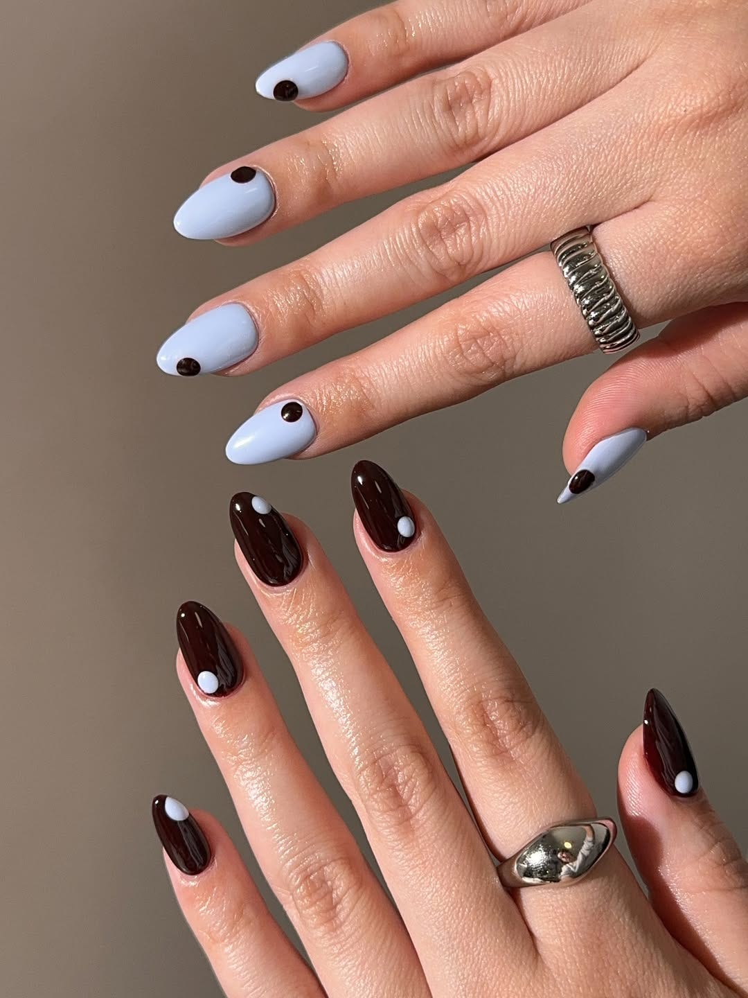 Light Blue Dark Brown Dots Medium Almond Light Blue Dark Brown Dots Medium Almond — Cute Medium Nails