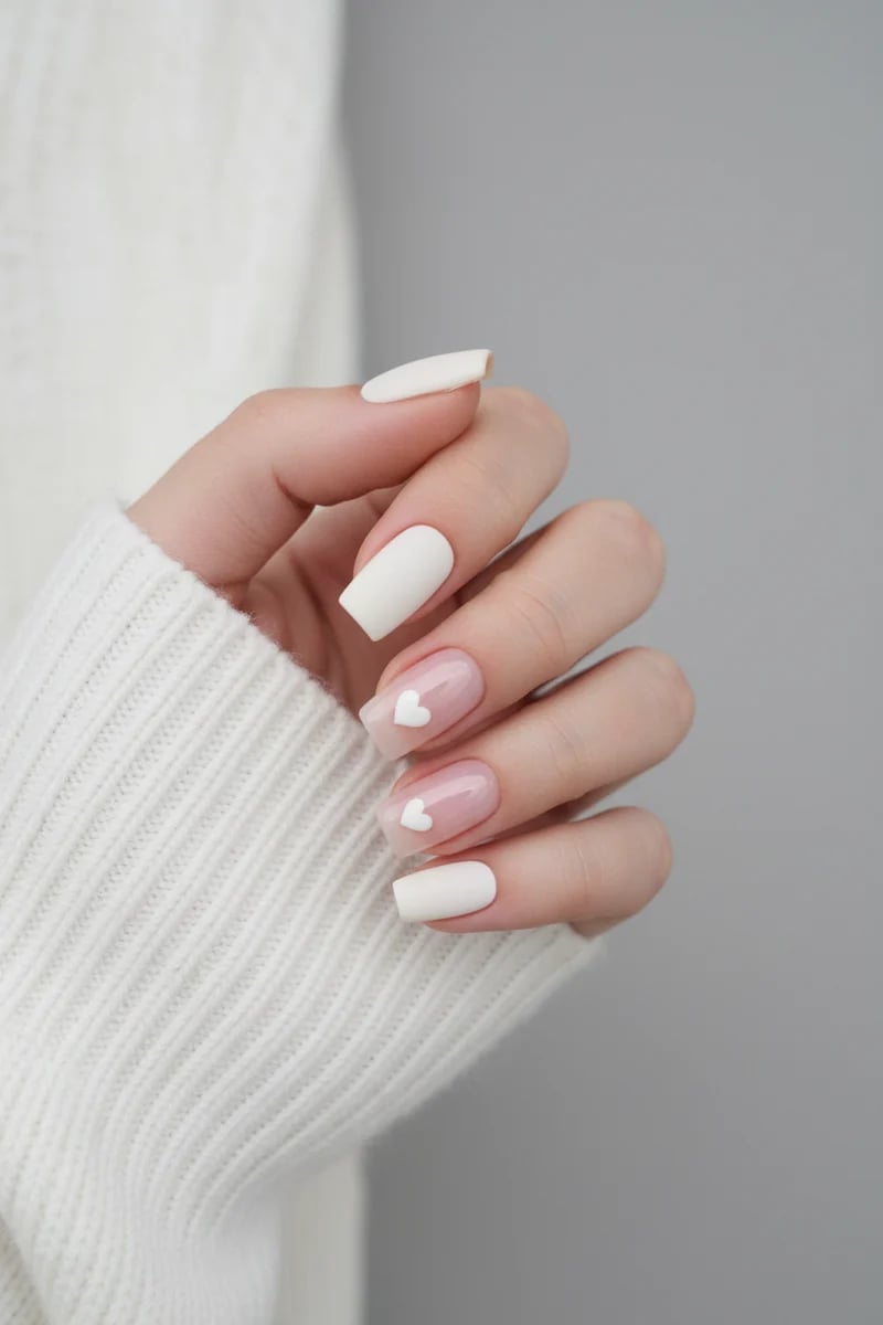 Matte White Glossy Pink Medium Square Heart Matte White Glossy Pink Medium Square Heart — Cute Medium Nails