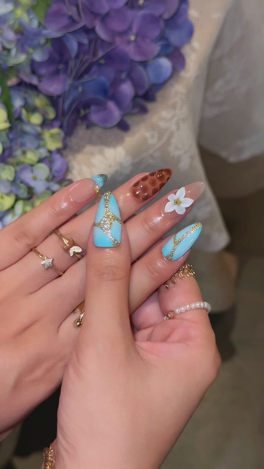 Blue Medium Almond With Gold Foil And Studs Blue Medium Almond With Gold Foil And Studs — Cute Medium Nails