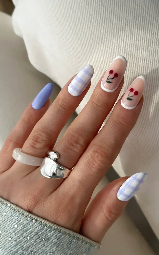 Nude Medium Almond Mix And Match French Gingham Cherry Nude Medium Almond Mix And Match French Gingham Cherry — Cute Medium Nails