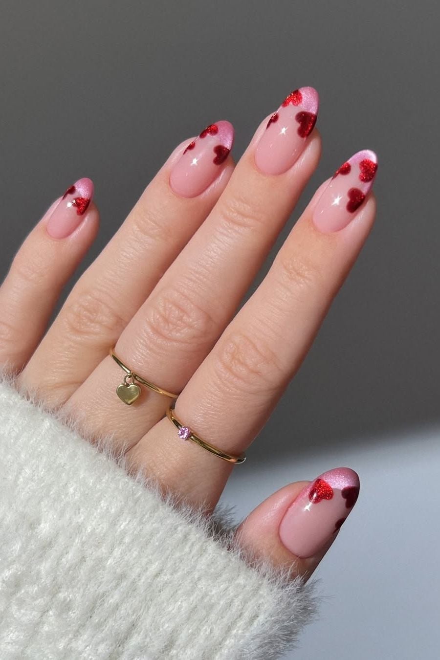 Pink Sheer French Hearts Medium Almond Nails — Cute Nail Art Inspo