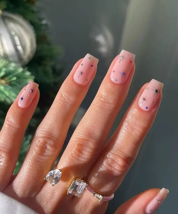 Pale Pink Star and Rhinestone Medium Square Nails — Cute Nail Art Inspo