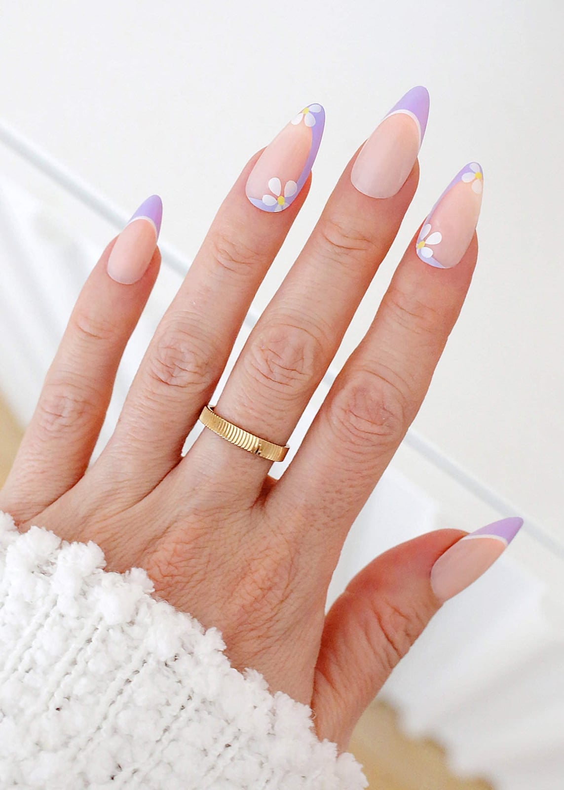 Lavender Tip Pastel Flower Medium Almond Nails — Cute Nail Art Inspo