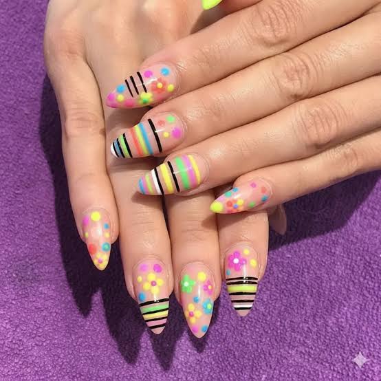 Colorful Floral Stripes Dots Long Almond Nails — Cute Nail Art Inspo