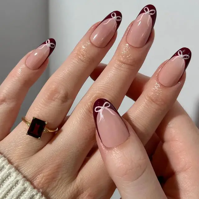Burgundy French Bow Medium Almond Nails — Cute Nail Art Inspo