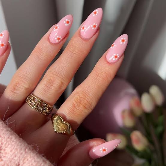 Vibrant Pink Floral Print Long Pointed Nails — Cute Nail Art Inspo