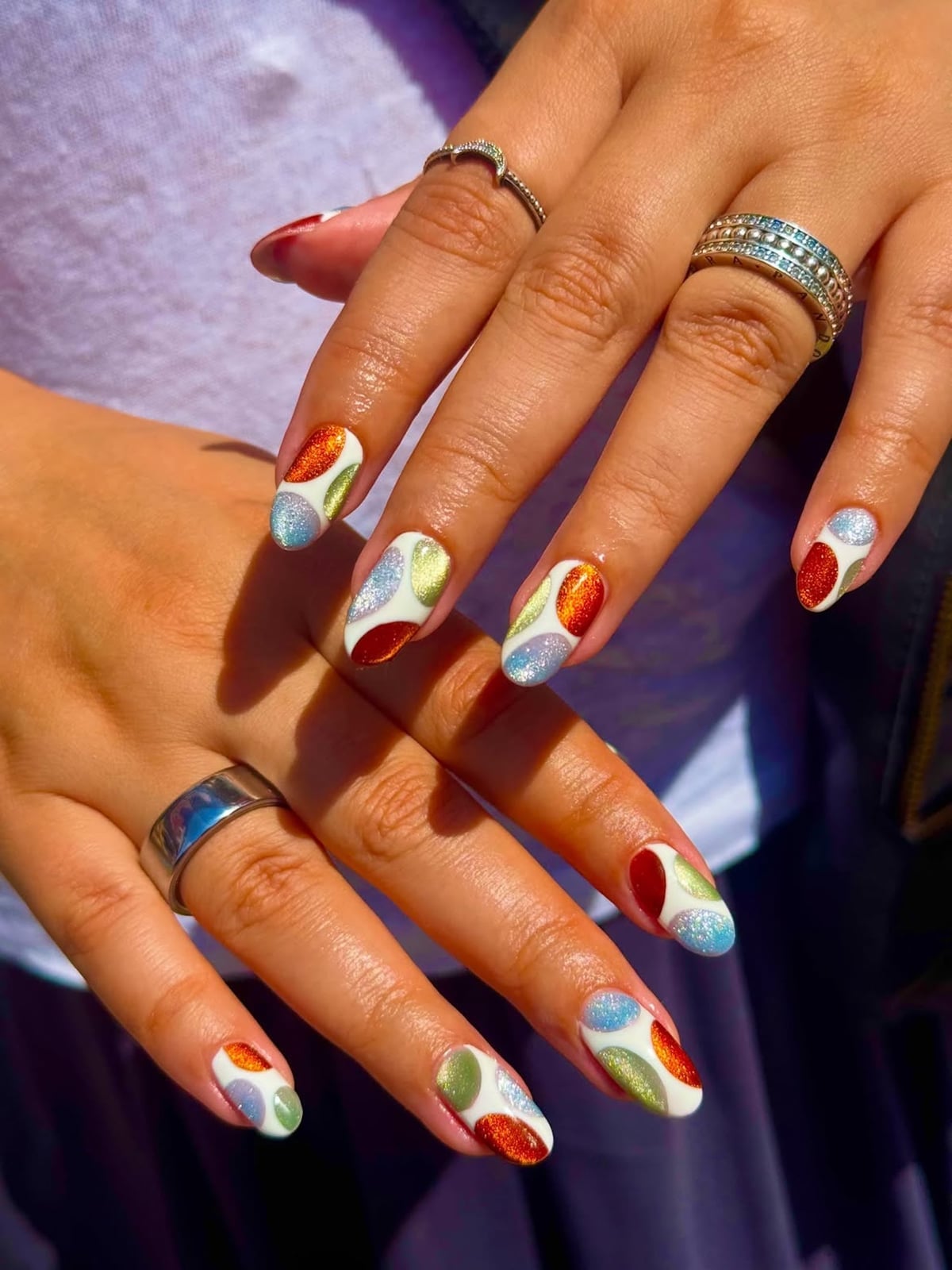 Abstract Colorful Shapes Medium Almond Nails — Cute Nail Art Inspo