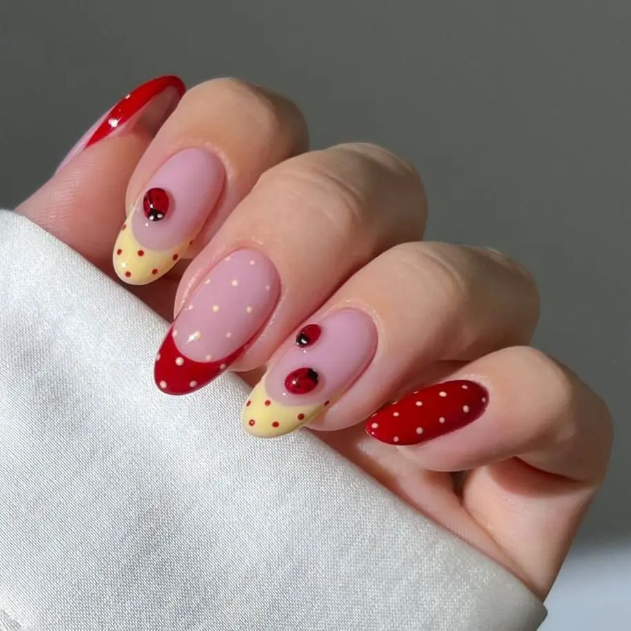 Ladybug and Polka Dot Medium Oval Nails — Cute Nail Art Inspo