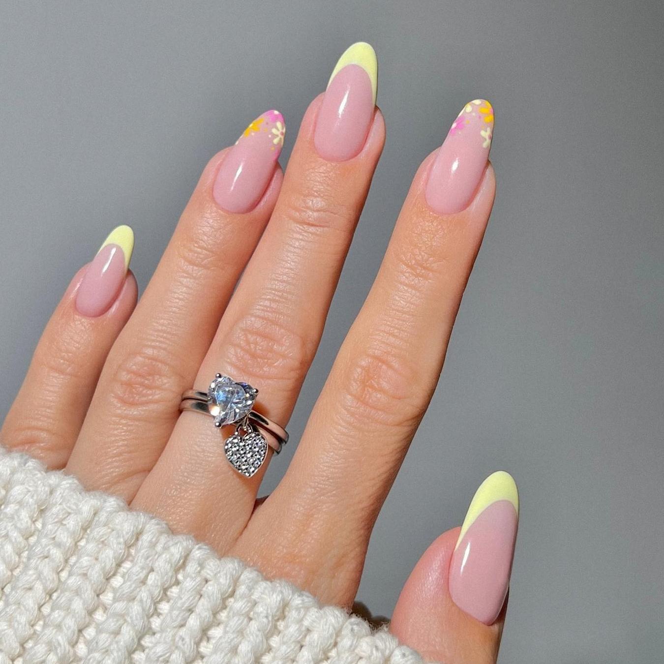 Soft Pink French Tip Floral Art Long Oval Nails — Cute Nail Art Inspo