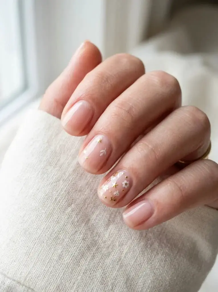 Short Square Nude with Gold Foil Florals Short Square Nude with Gold Foil Florals — Cute Natural Nails