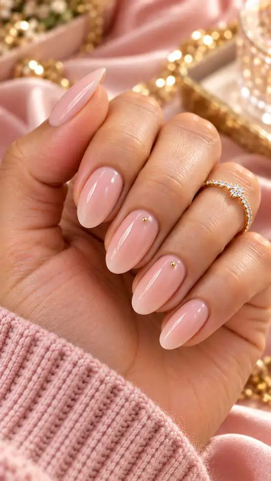 Short Oval Nude Pink with Gold Dots Short Oval Nude Pink with Gold Dots — Cute Natural Nails
