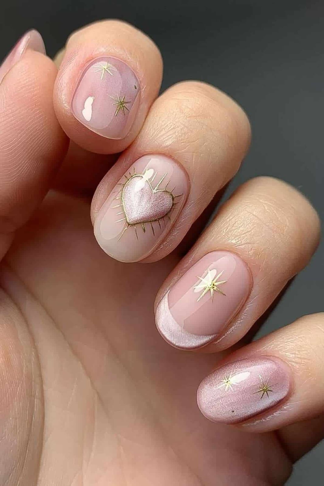 Short Oval Pale Pink with Rose Gold Stars Short Oval Pale Pink with Rose Gold Stars — Cute Natural Nails