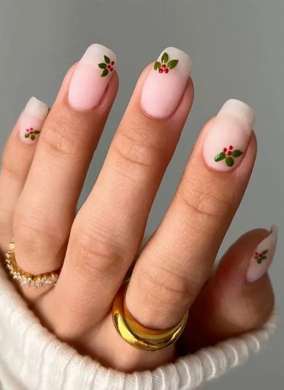 Short Square Matte Christmas Holly French Tips Short Square Matte Christmas Holly French Tips — Cute Natural Nails