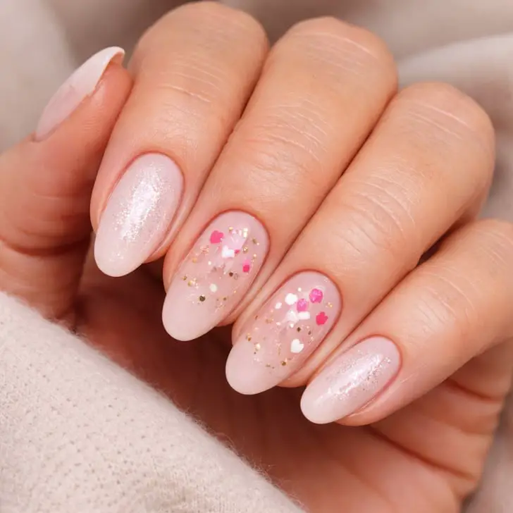 Short Almond Pink Hearts and Glitter Accents Short Almond Pink Hearts and Glitter Accents — Cute Natural Nails