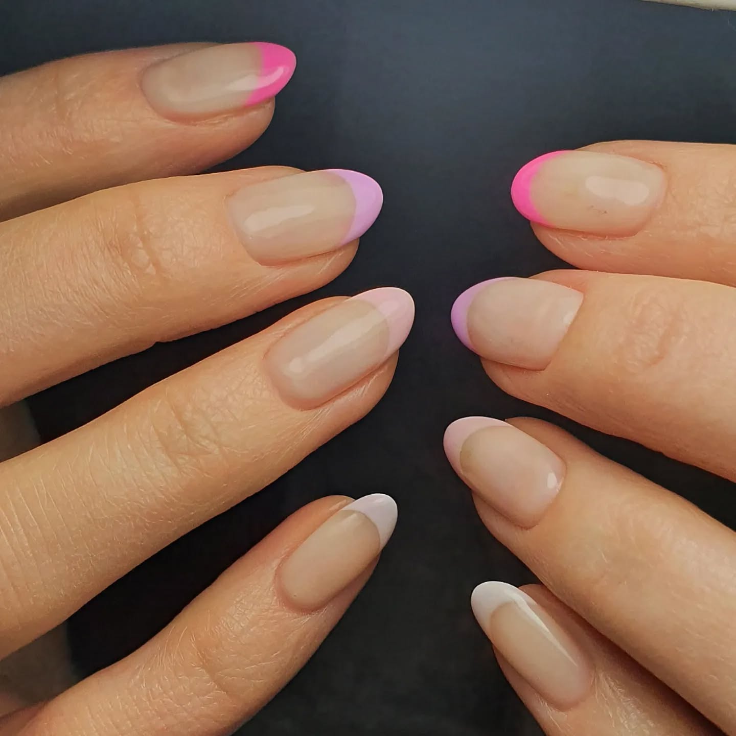 Multi-Colored French Tip Short Oval Nails With Sheer Nude Base Multi-Colored French Tip Short Oval Nails With Sheer Nude Base — Cute Oval Nails