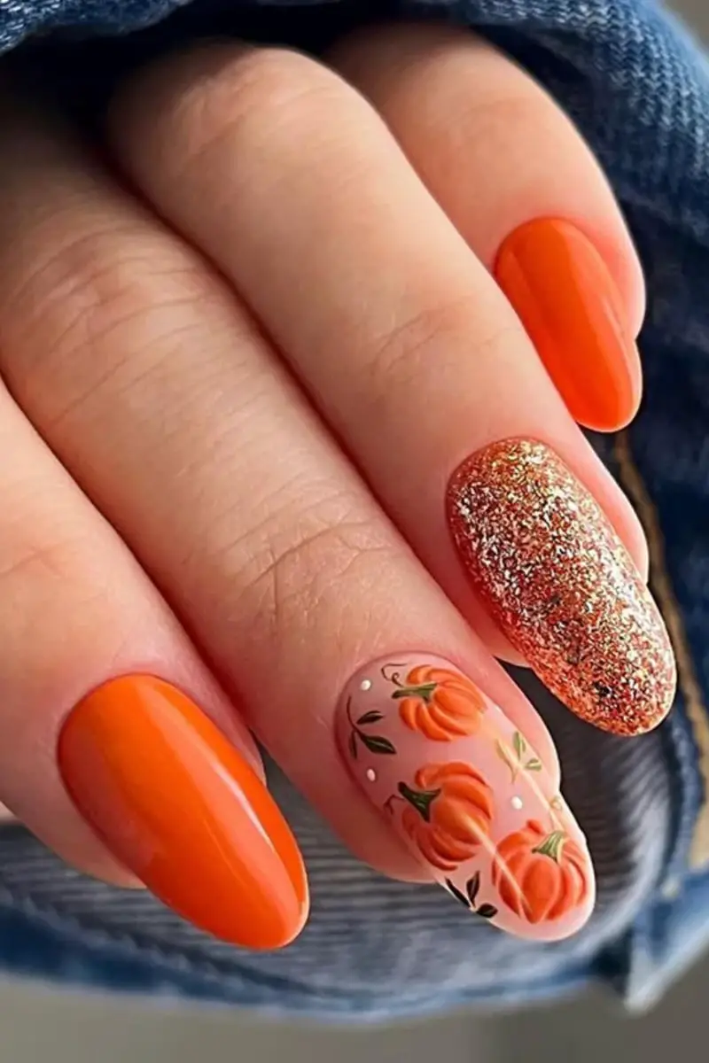 Autumn Pumpkin Glitter Short Oval Nails Autumn Pumpkin Glitter Short Oval Nails — Cute Oval Nails