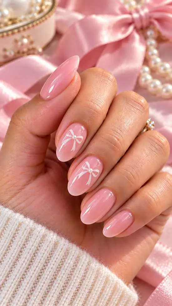 Sheer Pink White Bow Pearl Medium Oval Nails Sheer Pink White Bow Pearl Medium Oval Nails — Cute Oval Nails