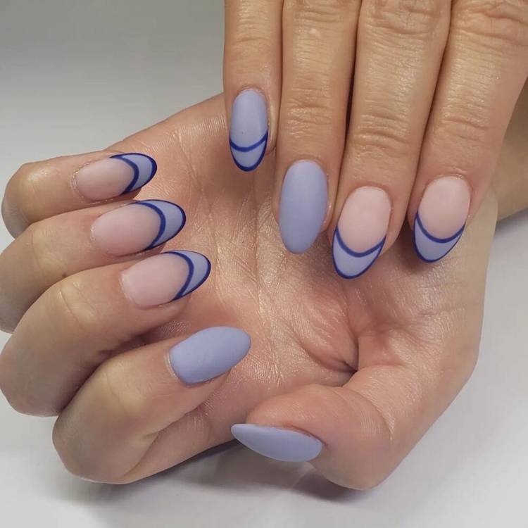 Matte Lilac Glossy Nude Dual Finish Line Art Medium Oval Nails Matte Lilac Glossy Nude Dual Finish Line Art Medium Oval Nails — Cute Oval Nails
