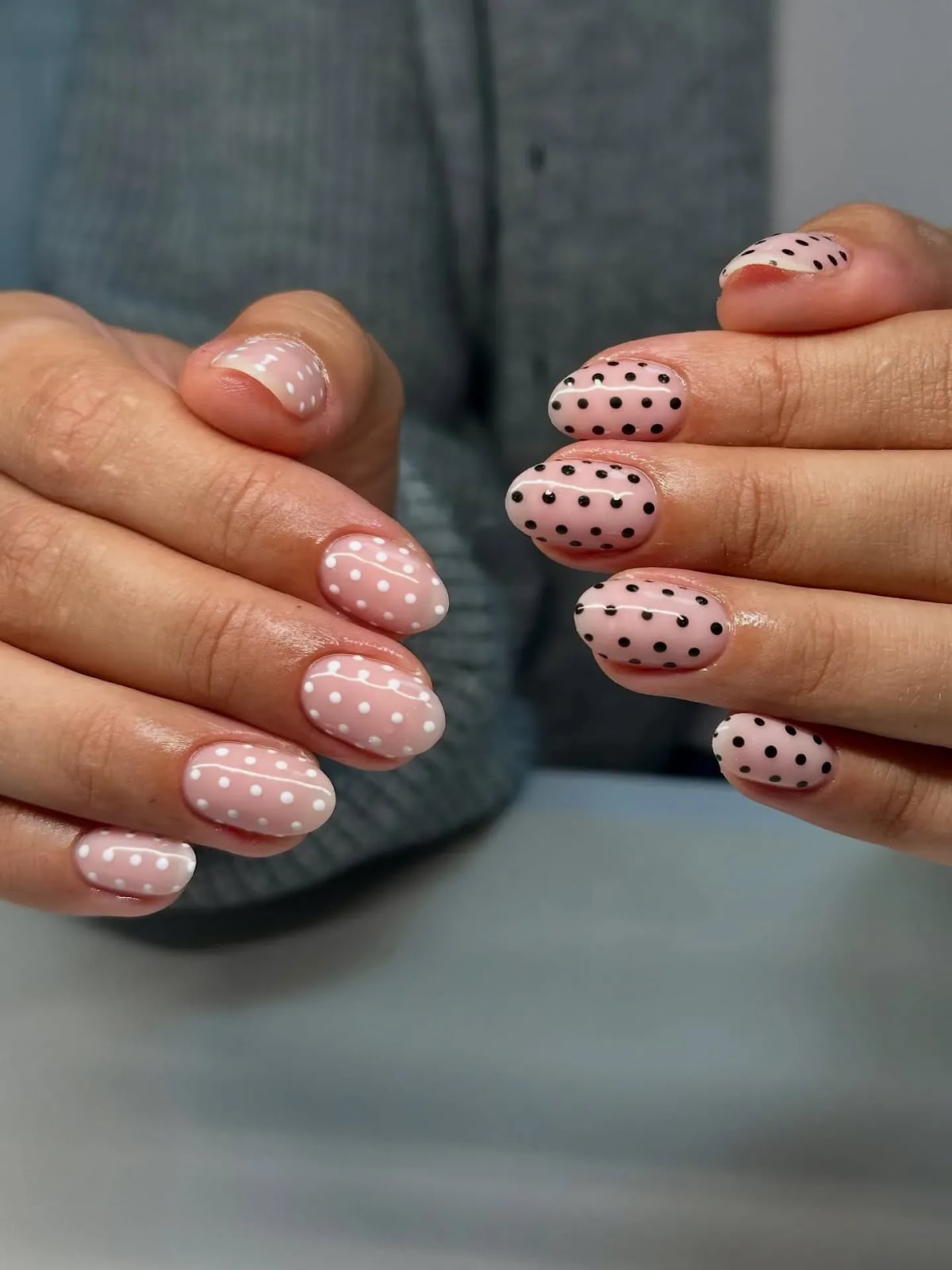 Pale Pink Black White Polka Dot Short Oval Nails Pale Pink Black White Polka Dot Short Oval Nails — Cute Short Acrylic Nails