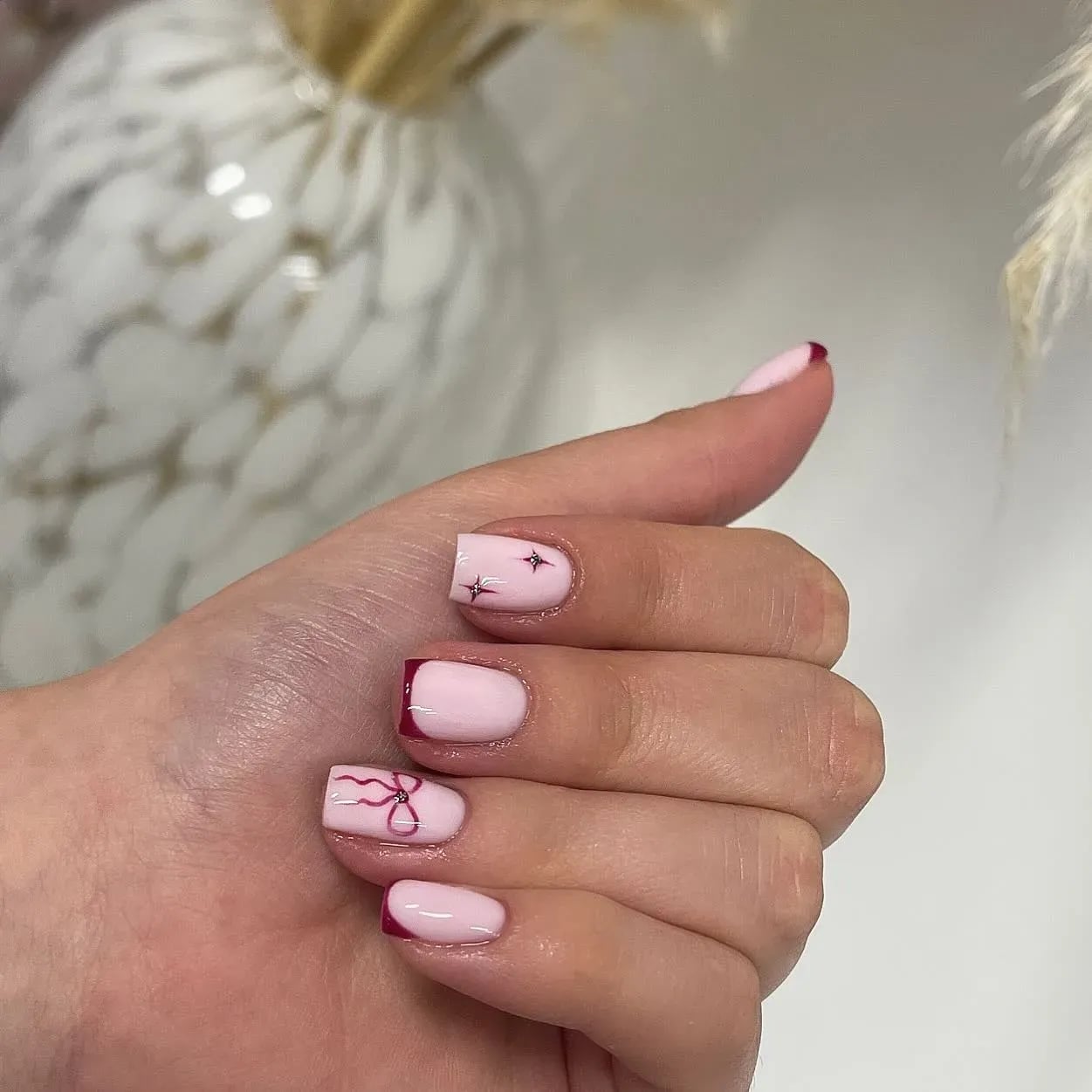 Pale Pink Maroon French Bow Short Square Nails Pale Pink Maroon French Bow Short Square Nails — Cute Short Acrylic Nails