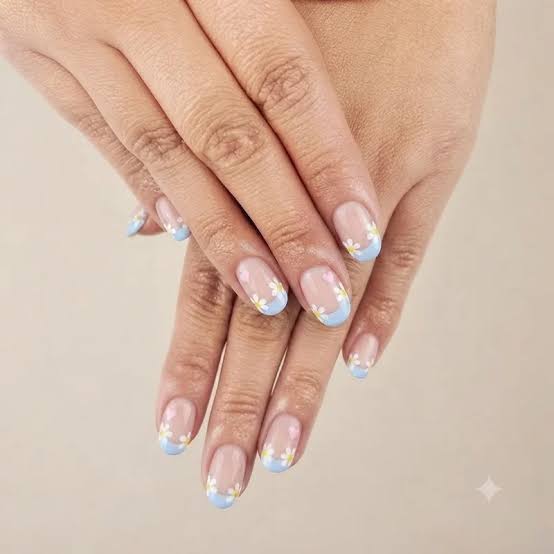 Floral Light Blue French Short Oval Nails — Cute Short Birthday Nails