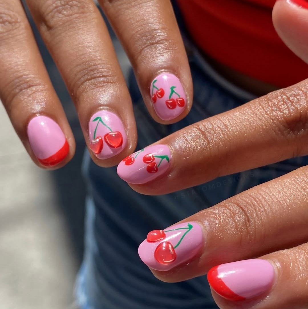 Cherry Motif Red French Short Almond Nails — Cute Short Birthday Nails