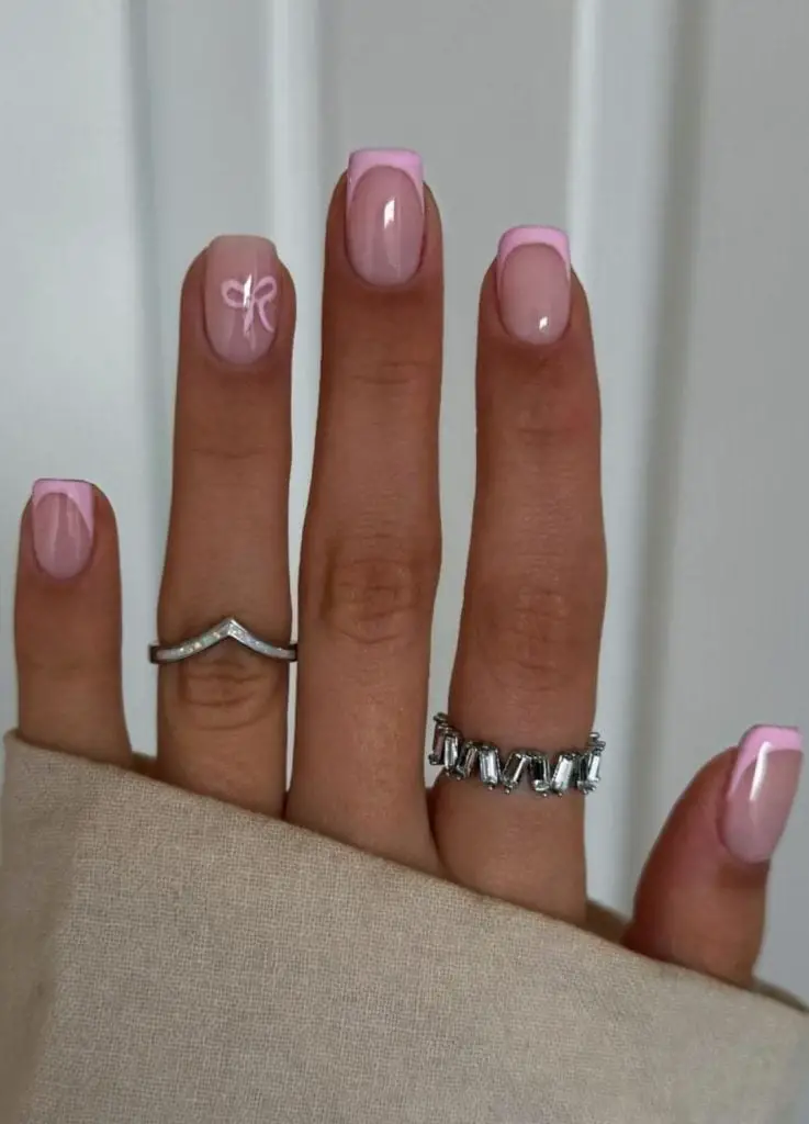 Pink Bow Light Pink French Short Square Nails — Cute Short Birthday Nails