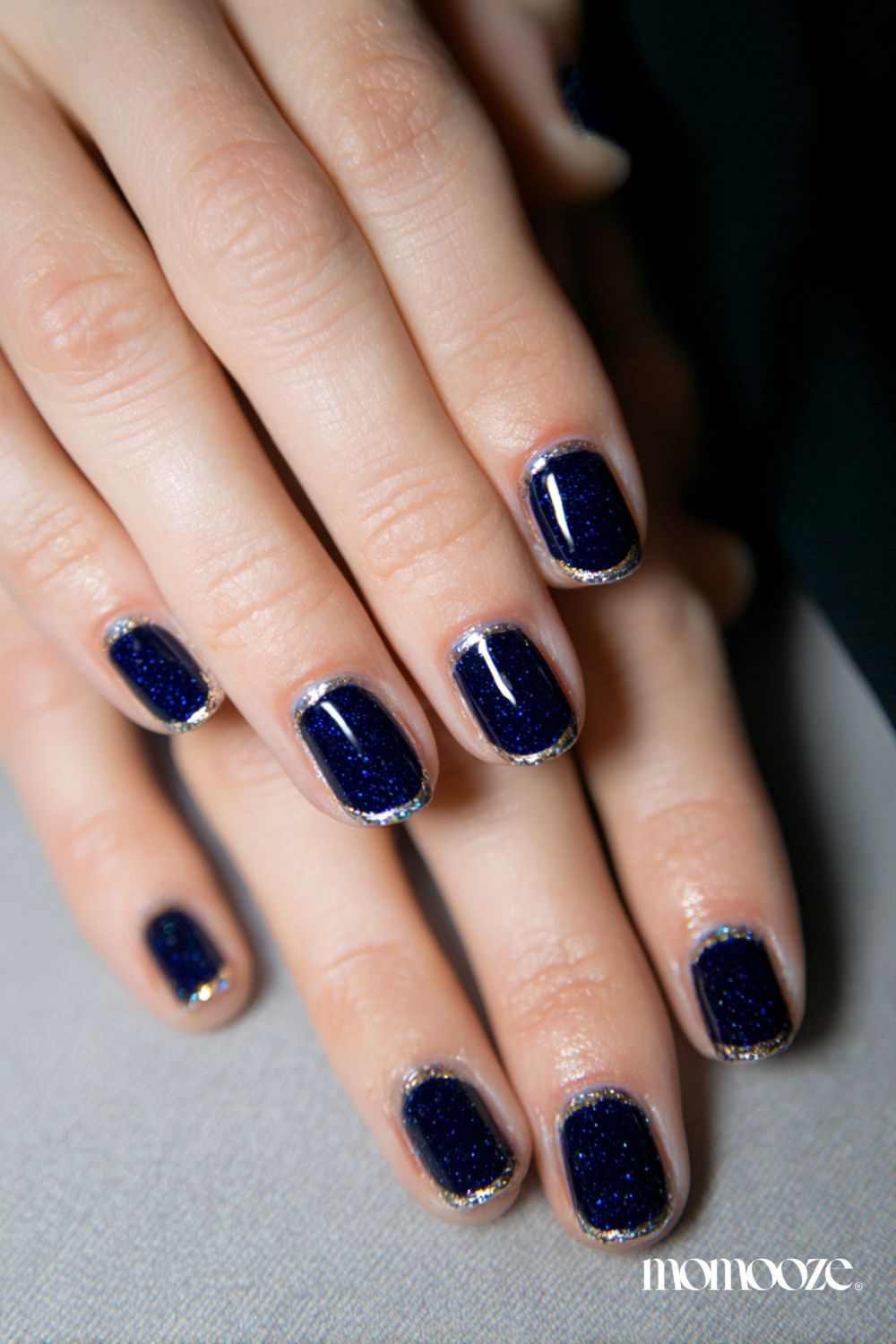 Navy Glitter Silver Line Short Square Nails — Cute Short Birthday Nails