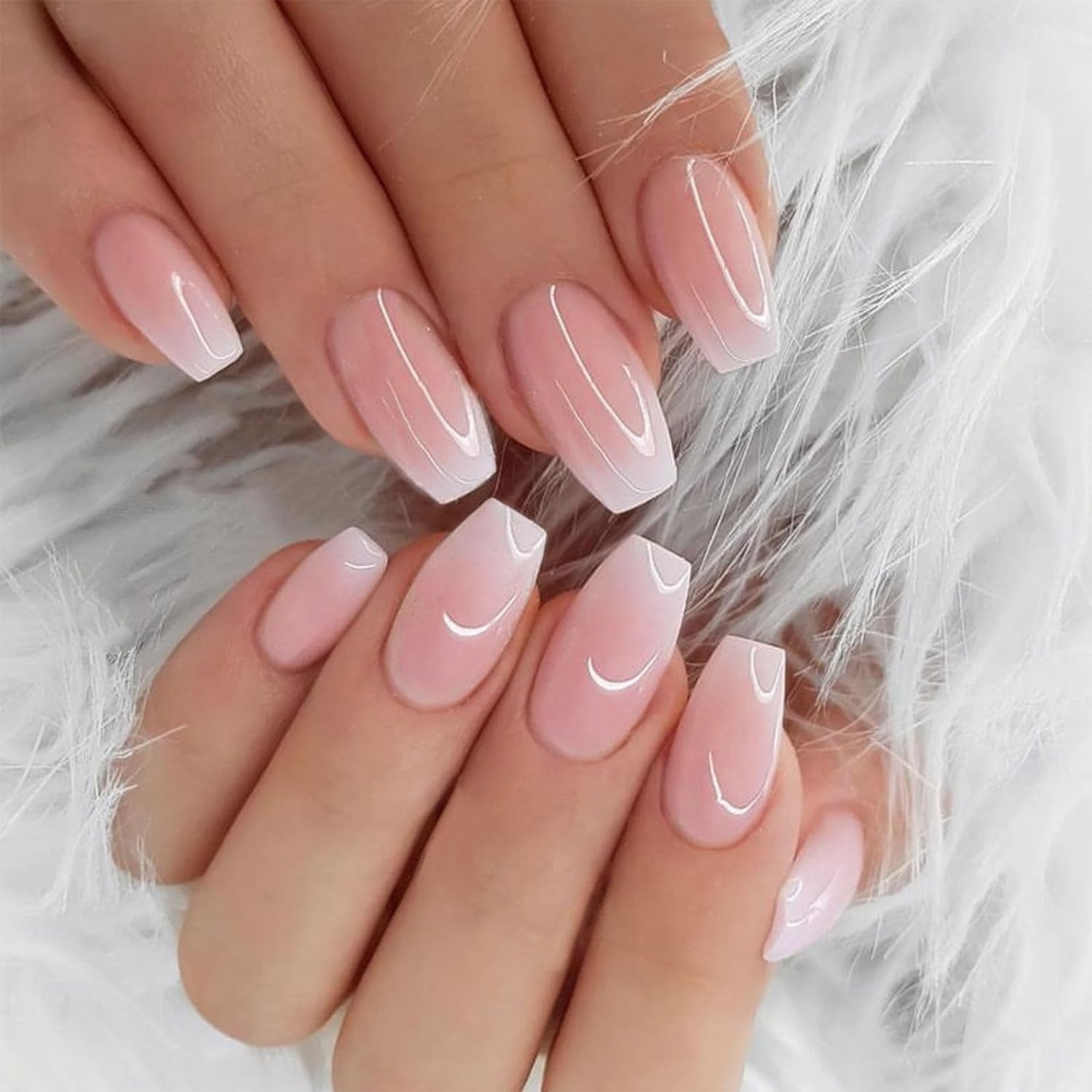 Press on Nails Short Coffin Nails Cute Light Pink French Fake Nails Pink Gradient Semi-Transparent Glue on Nails Acrylic Nails Press ons for Women and ...