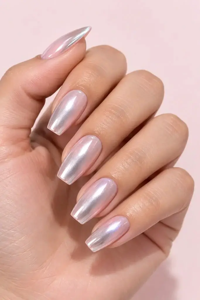 Pale Pink Pearlescent Chrome Short Coffin Nails — Cute Short Coffin Nails