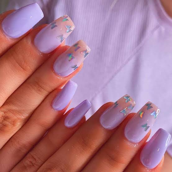 Pink to Purple Gradient Butterfly Decal Coffin Nails — Cute Short Coffin Nails