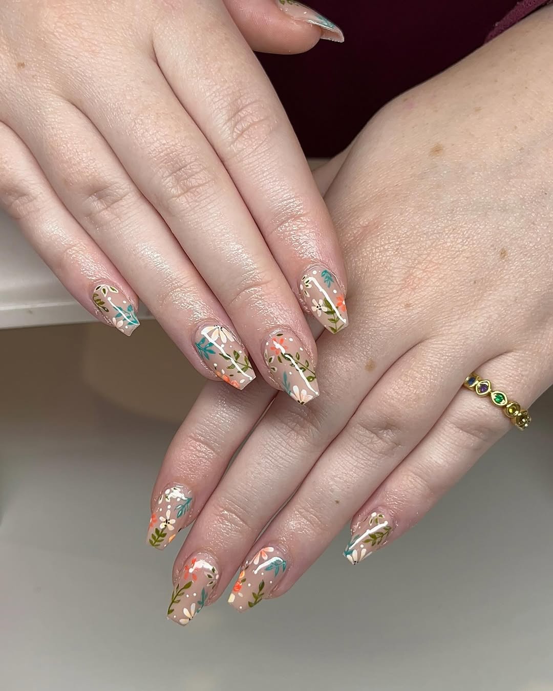 Nude Floral Motif Spring Coffin Nails — Cute Short Coffin Nails