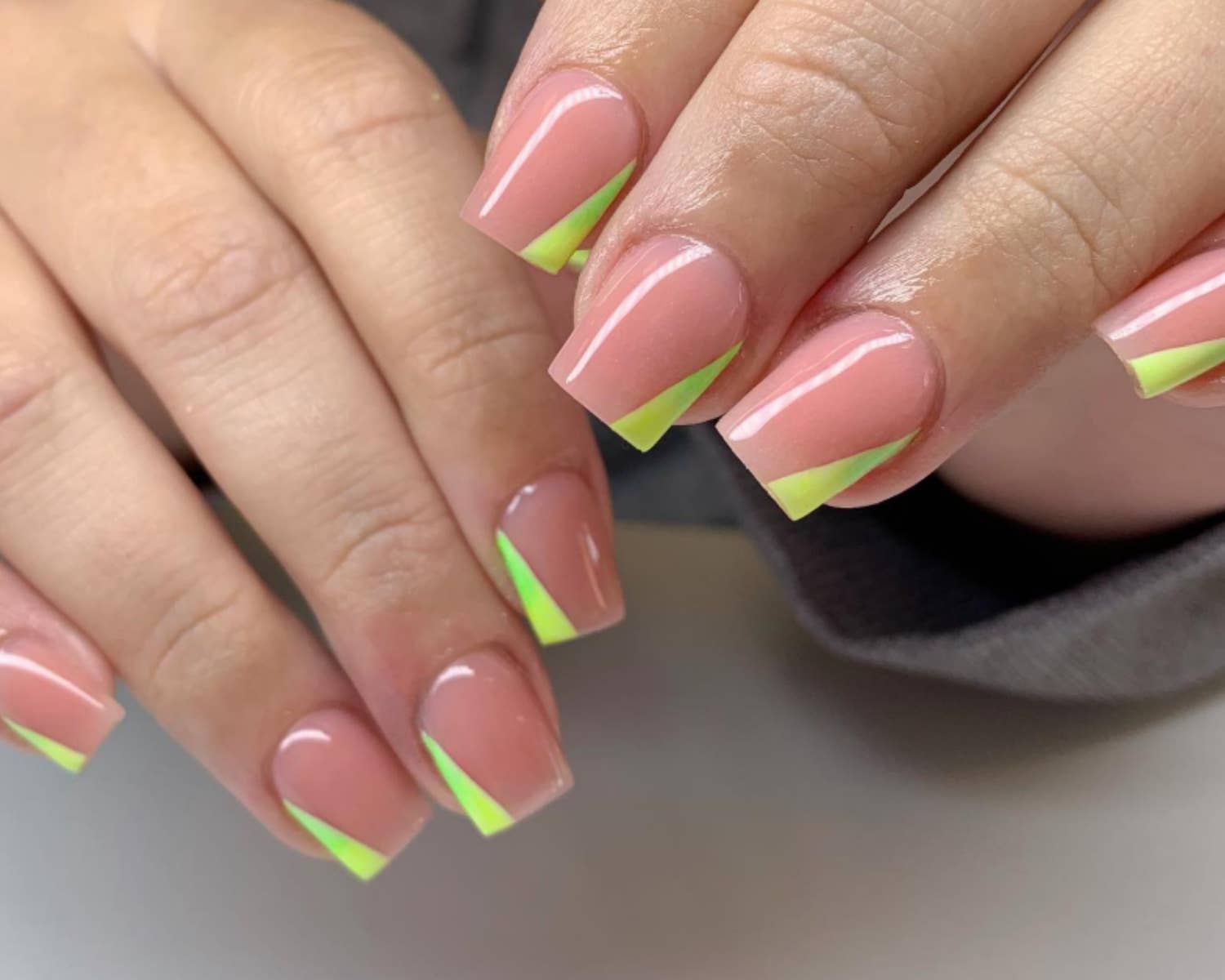 Sheer Pink Neon Yellow Diagonal French Coffin Nails — Cute Short Coffin Nails