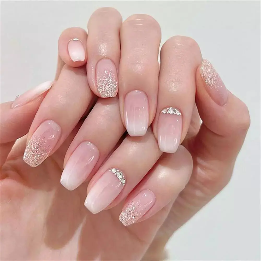 Nude White Ombre Glitter Rhinestone Coffin Nails — Cute Short Coffin Nails