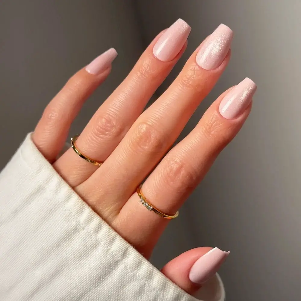 Milky Sheer Pink Shimmer Short Coffin Nails — Cute Short Coffin Nails