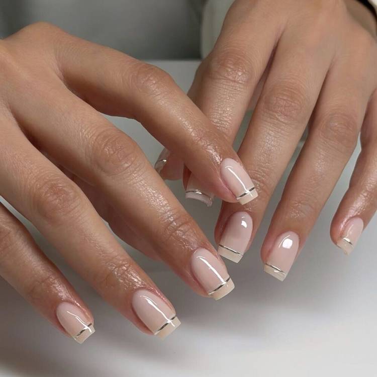 Nude Glossy Coffin Nails With Silver Line Tip — Cute Short Coffin Nails