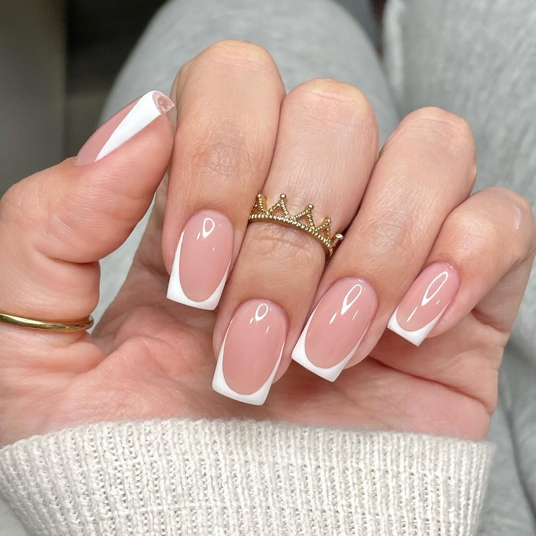 Sheer Pink Classic French Tip Coffin Nails — Cute Short Coffin Nails