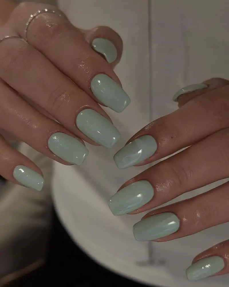 Pale Mint Green Glossy Short Coffin Nails — Cute Short Coffin Nails