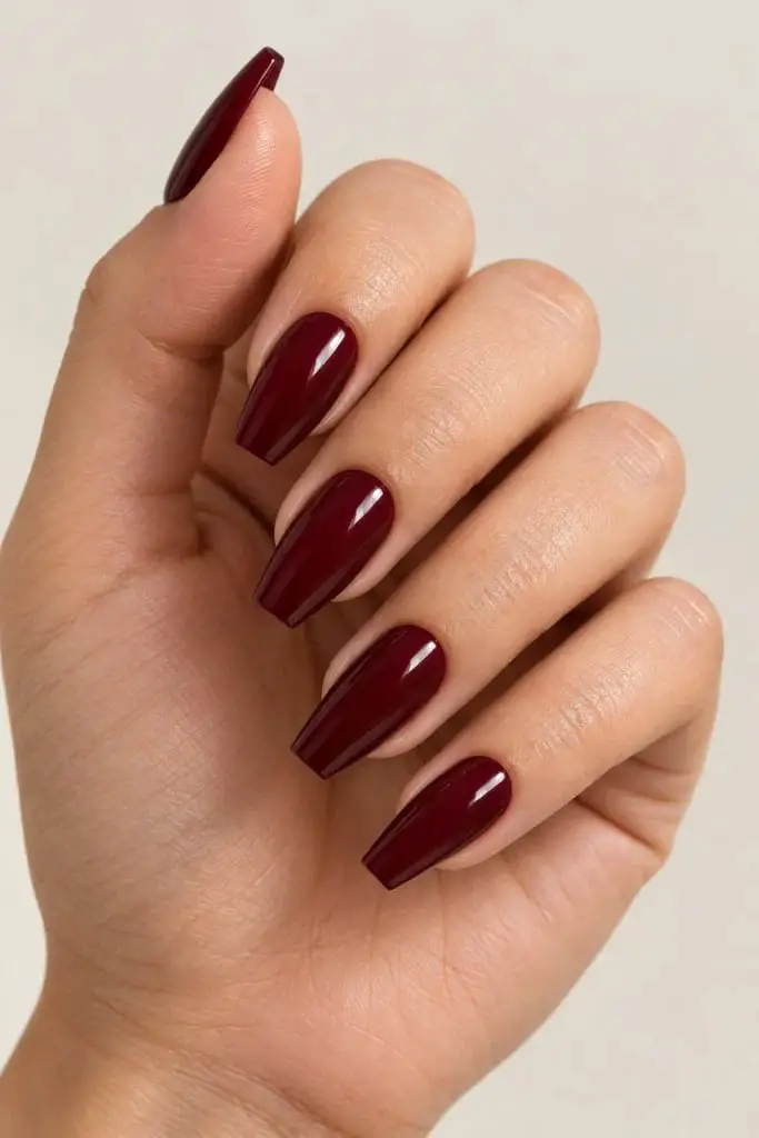 Deep Burgundy Glossy Short Coffin Nails — Cute Short Coffin Nails