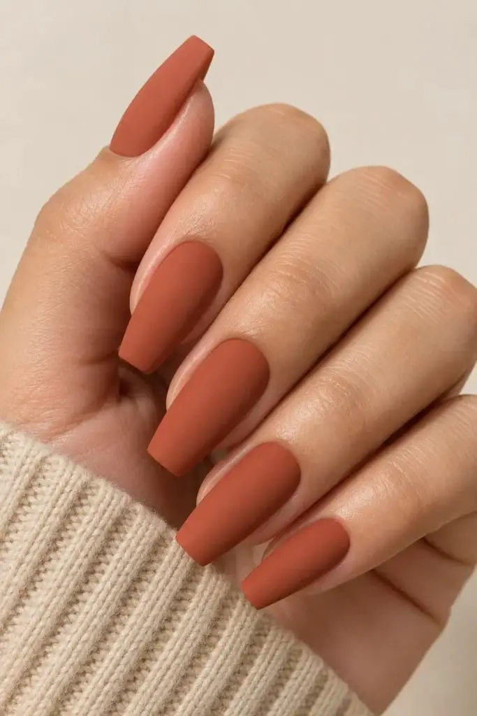 Deep Terracotta Matte Short Coffin Nails — Cute Short Coffin Nails