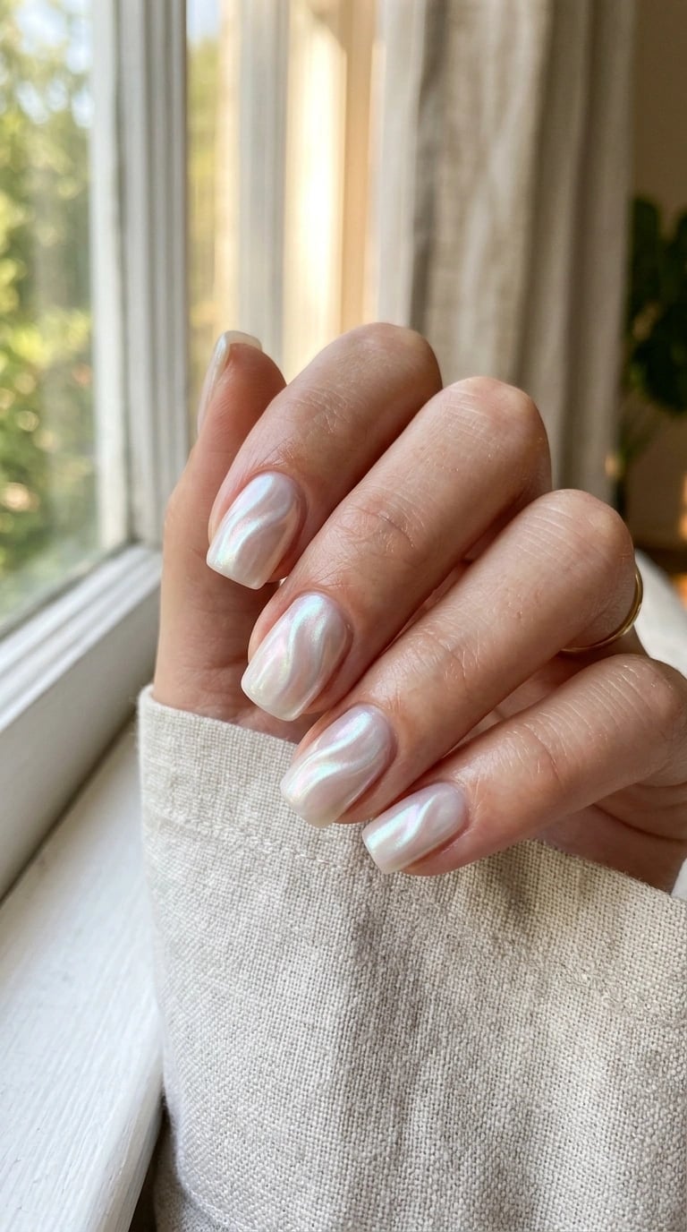 Milky White Iridescent Swirl Short Square Nails Milky White Iridescent Swirl Short Square Nails — Cute Short Gel Nails