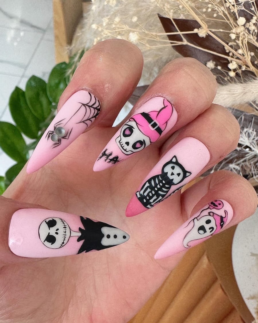 Pink Witch Hat Skull Long Stiletto Nails Pink Witch Hat Skull Long Stiletto Nails — Cute Skull Nails