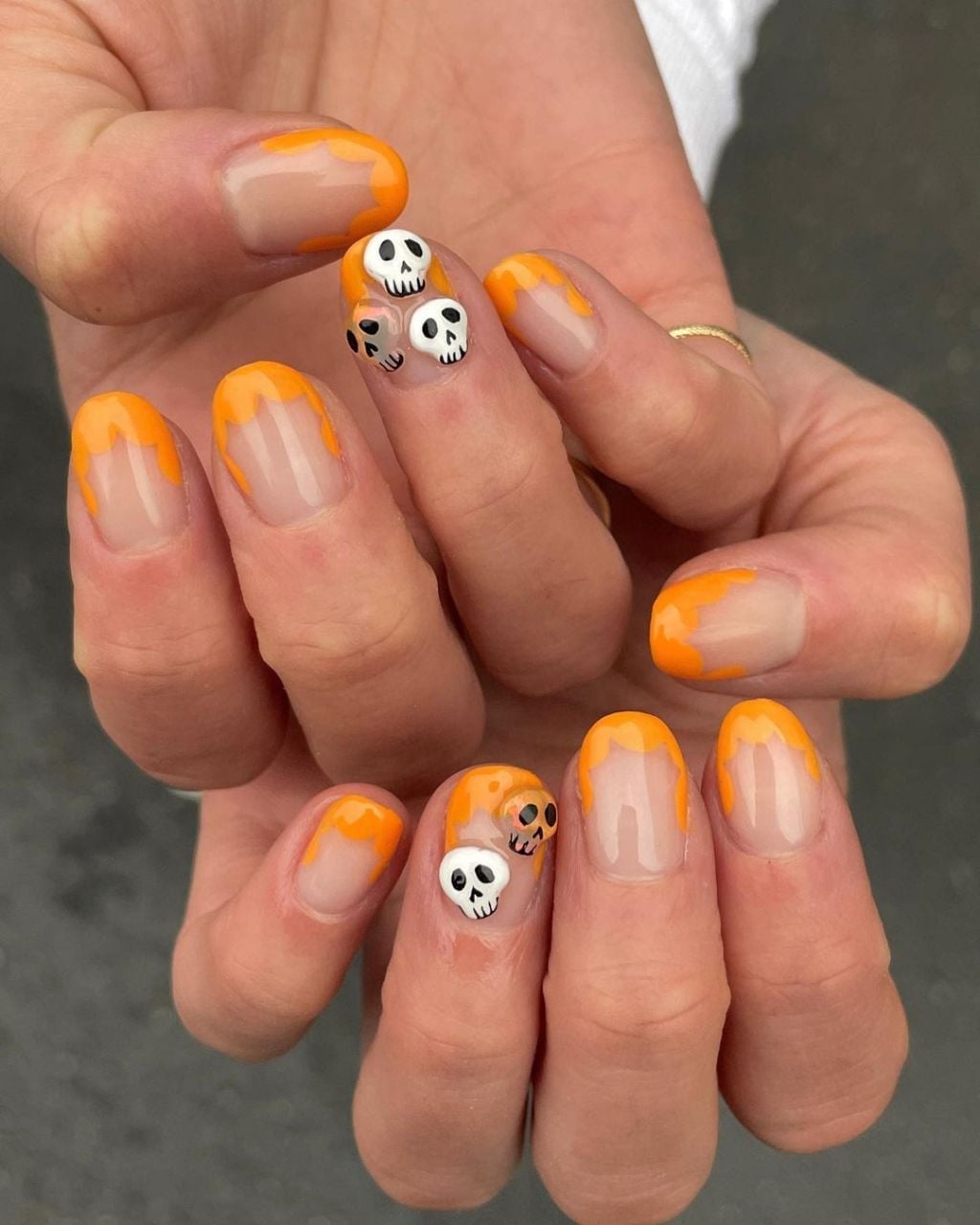 3D Skull Orange French Tip Medium Almond Nails 3D Skull Orange French Tip Medium Almond Nails — Cute Skull Nails