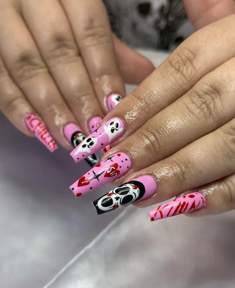 Bloody Skull and Ghost Long Coffin Nails Bloody Skull and Ghost Long Coffin Nails — Cute Skull Nails