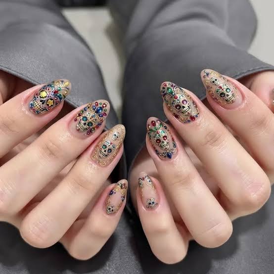 Vibrant Sugar Skull Medium Almond Nails Vibrant Sugar Skull Medium Almond Nails — Cute Skull Nails